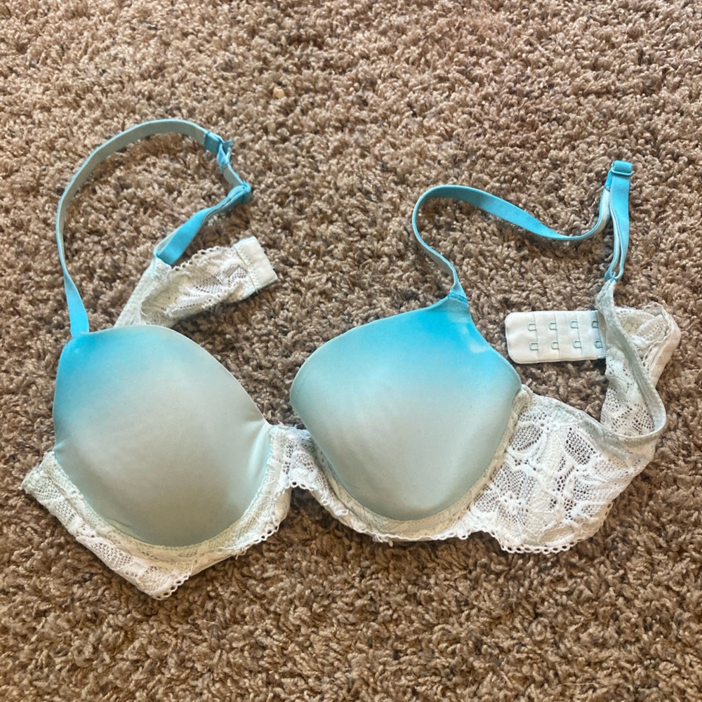 Lace Trimmed Blue and White Bra